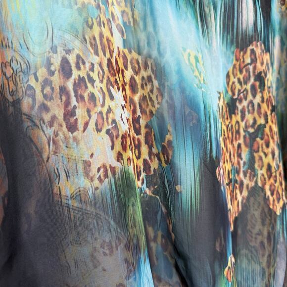 Chico's Teal Animal Print Sheer Blouse with flowy sleeves & elastic waist Medium - Picture 5 of 8